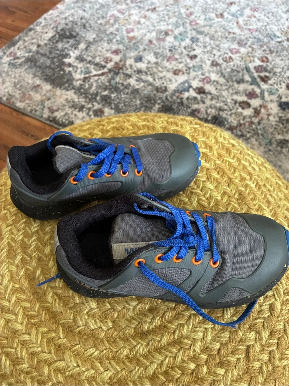 Merrell Kids Gray Sneakers with Blue Laces and Orange Eyelets